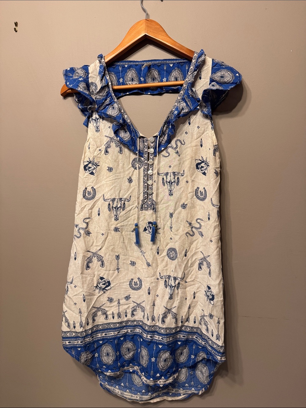 Spell White and Blue Backless Ruffle-Trim Dress